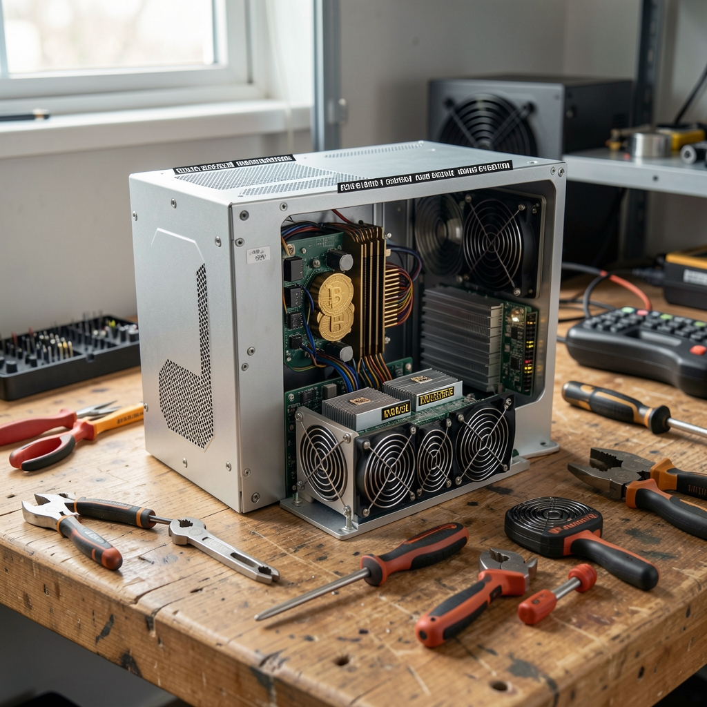 Open cryptocurrency ASIC miner on a workbench with tools and labeled cooling components