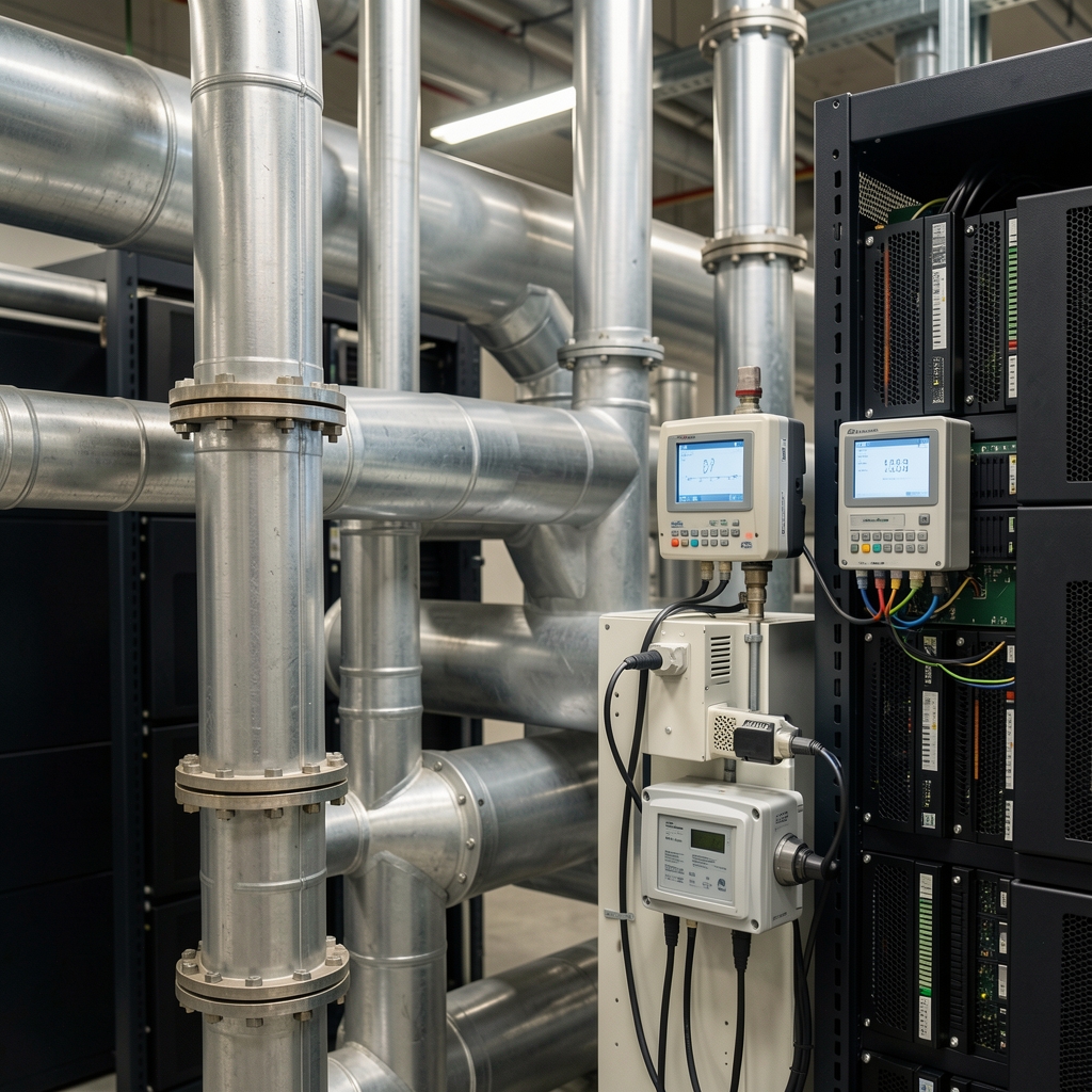 Close view of industrial cooling pipes and monitoring instruments beside computing equipment