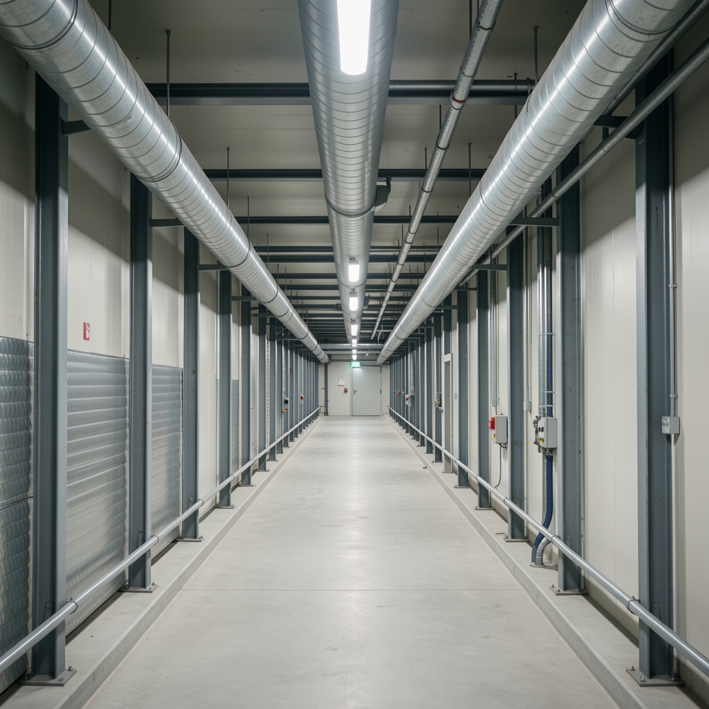 Long industrial cooling tunnel with overhead airflow ducts and inspection lighting