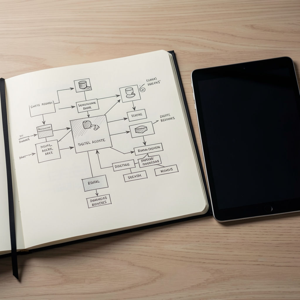 Open research notebook with diagrams of digital asset infrastructure beside a tablet