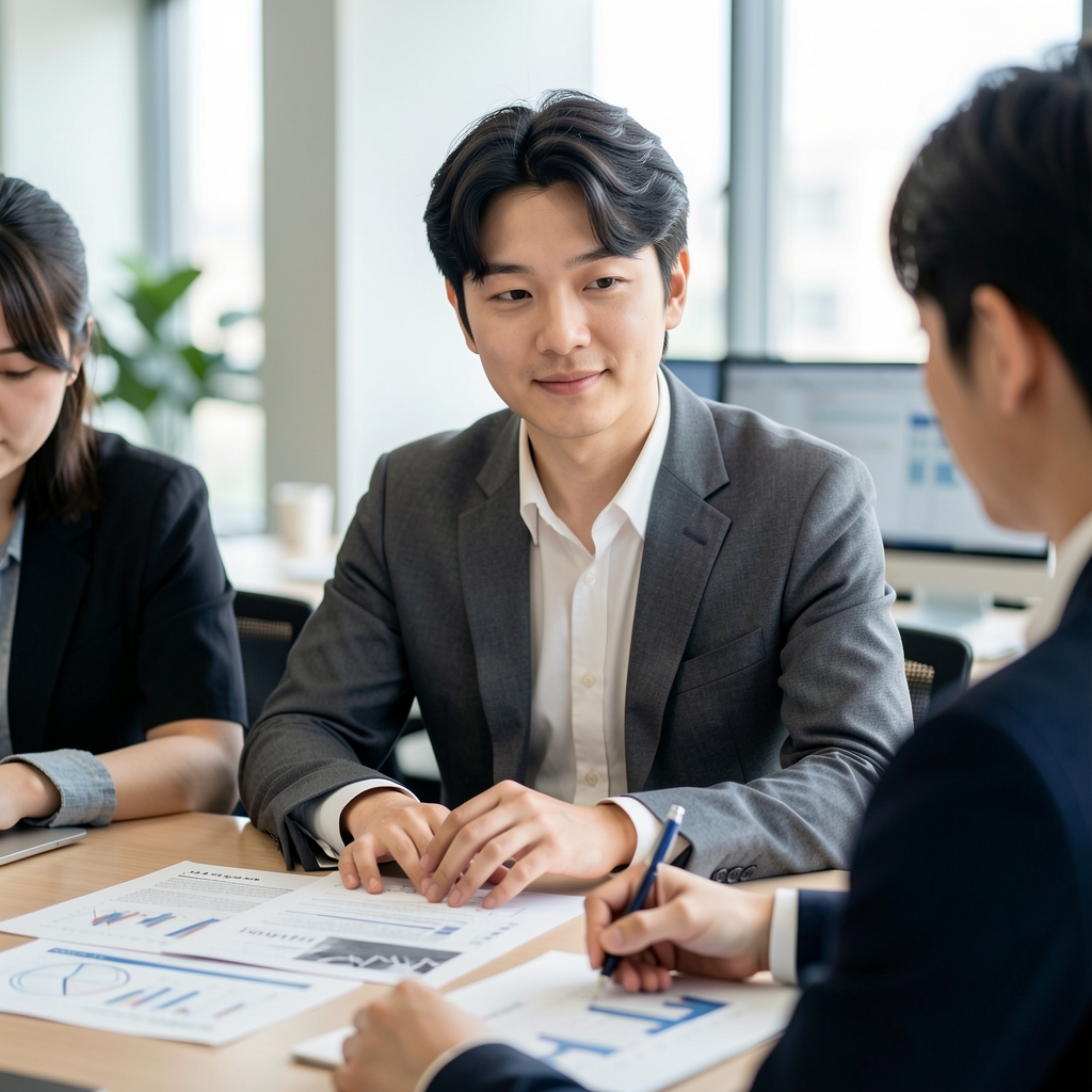 Small editorial team reviewing printed technical research around a table in a bright Seoul office