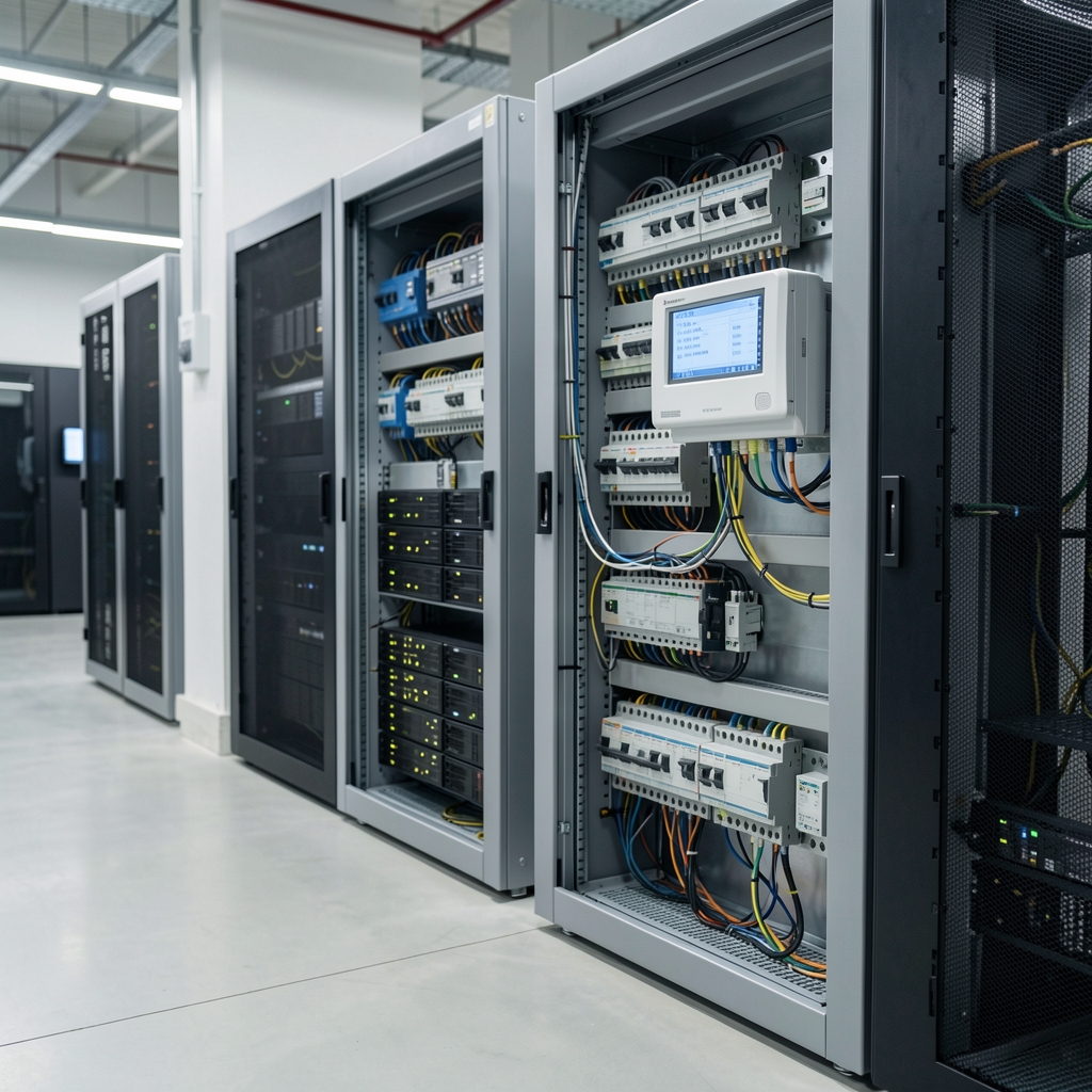 Digital energy meter beside organized server power distribution equipment in a modern facility