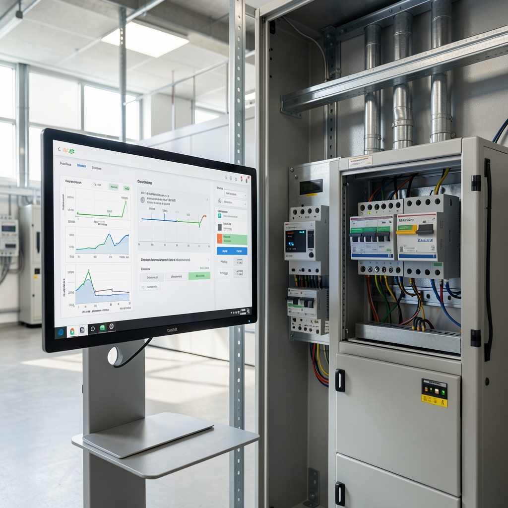Digital energy monitoring dashboard beside electrical distribution equipment in a modern facility