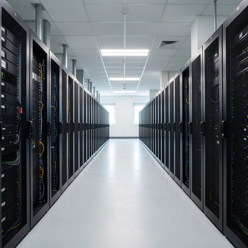 Wide aisle between organized server racks in a monitored technology facility