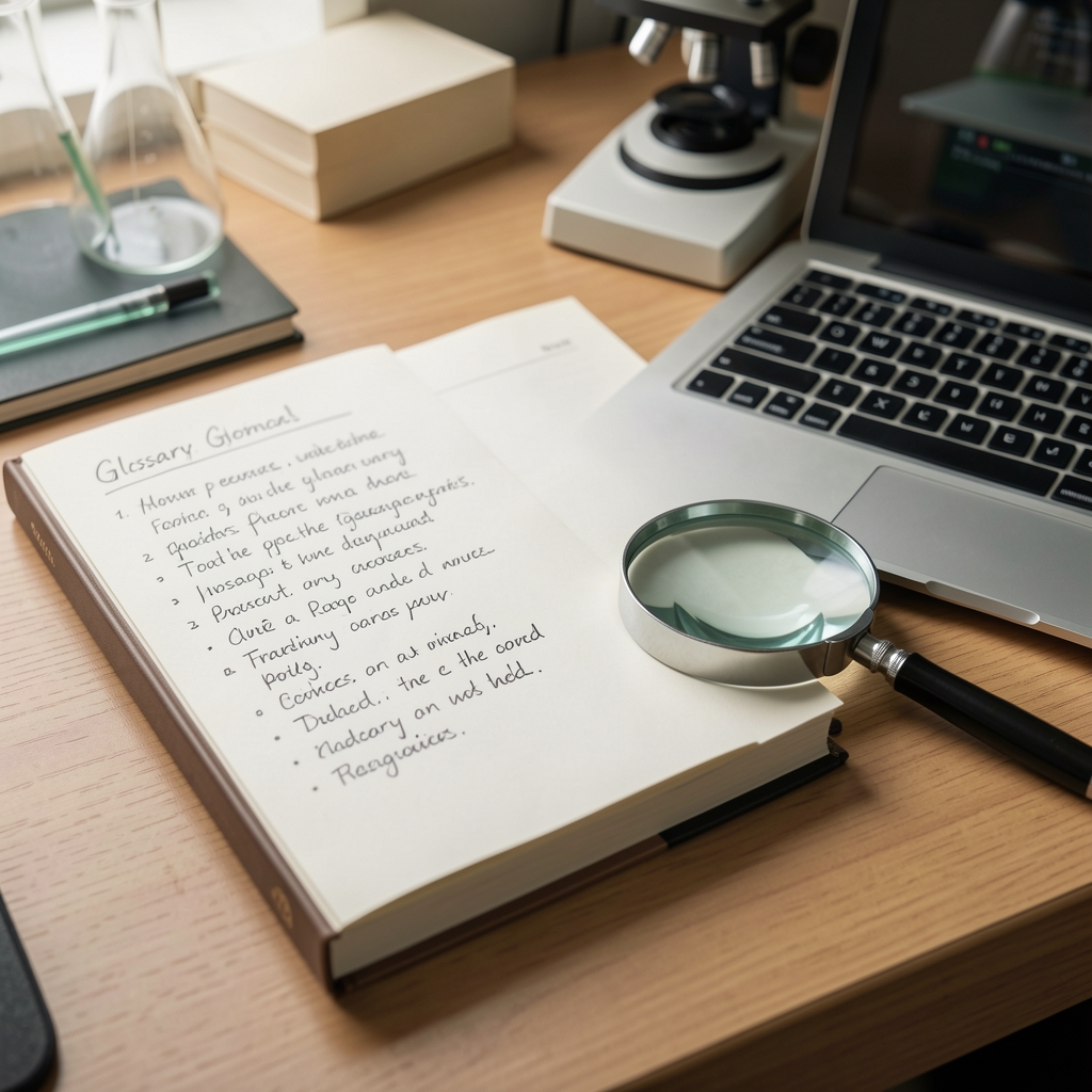 Handwritten glossary notes beside a technical handbook and a magnifying glass on a research desk