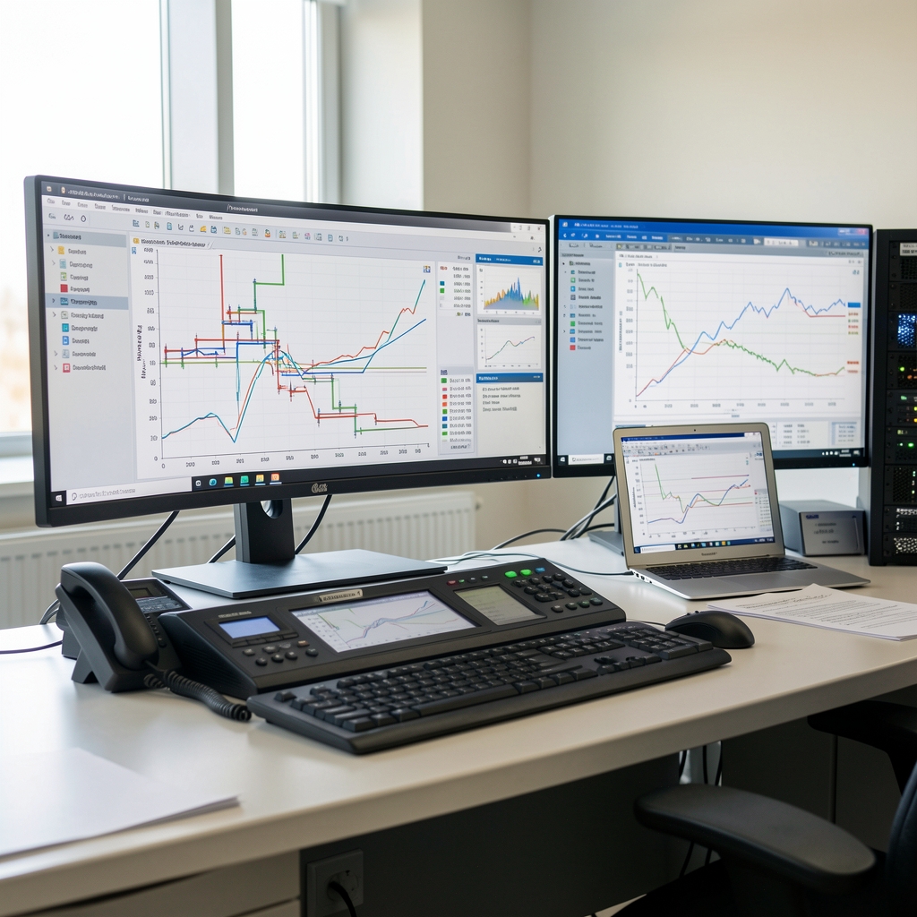 Multi-screen operations console showing infrastructure monitoring charts and maintenance notes