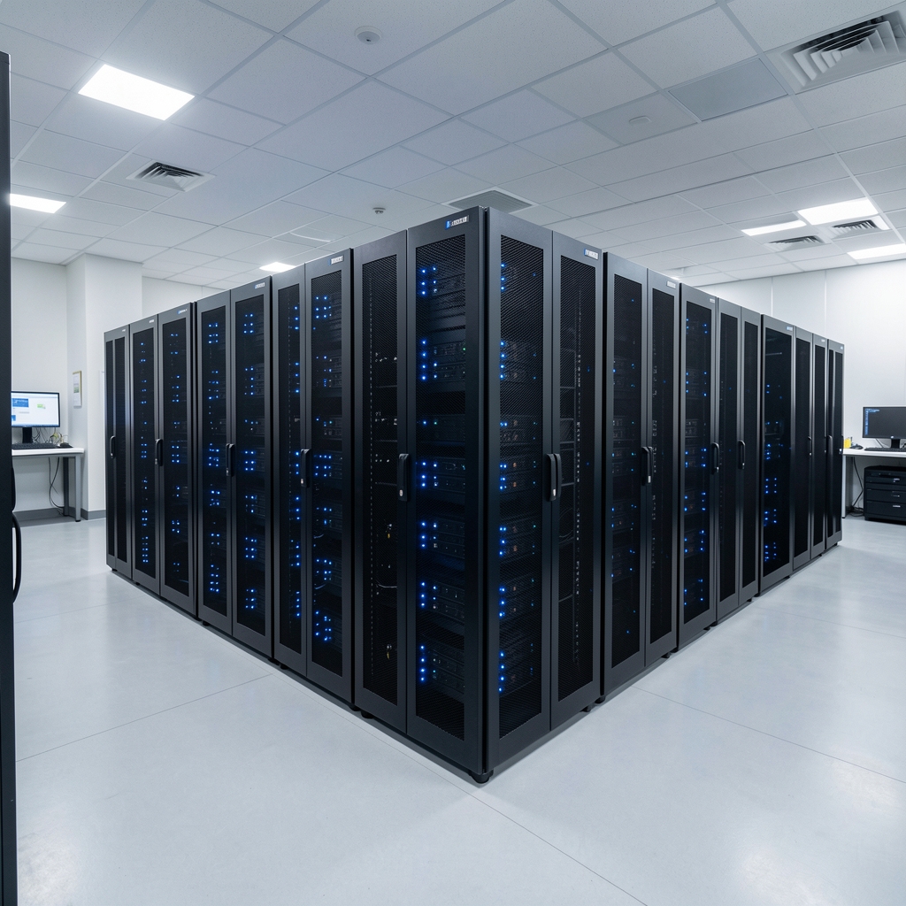 Rows of modern cryptocurrency mining servers in a clean Seoul data facility with blue status lights