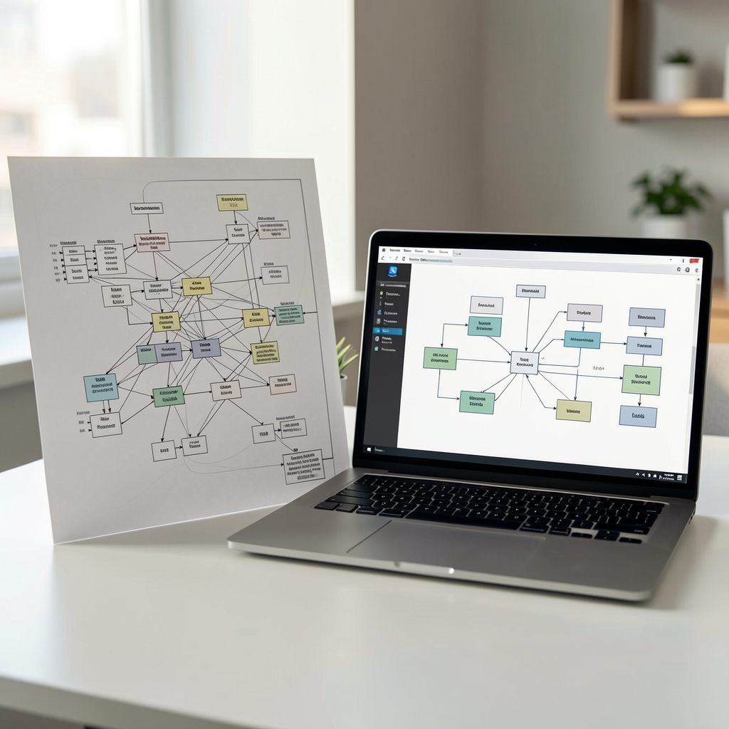Printed technical network map beside a laptop displaying a systems integration diagram