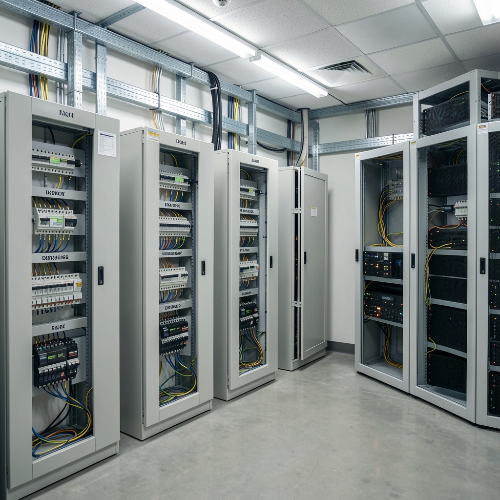 Clean electrical room with labeled power distribution panels serving a computing facility