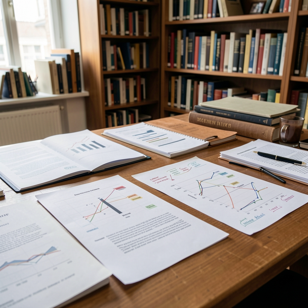 Printed research reports and annotated technical charts arranged on an editorial library table