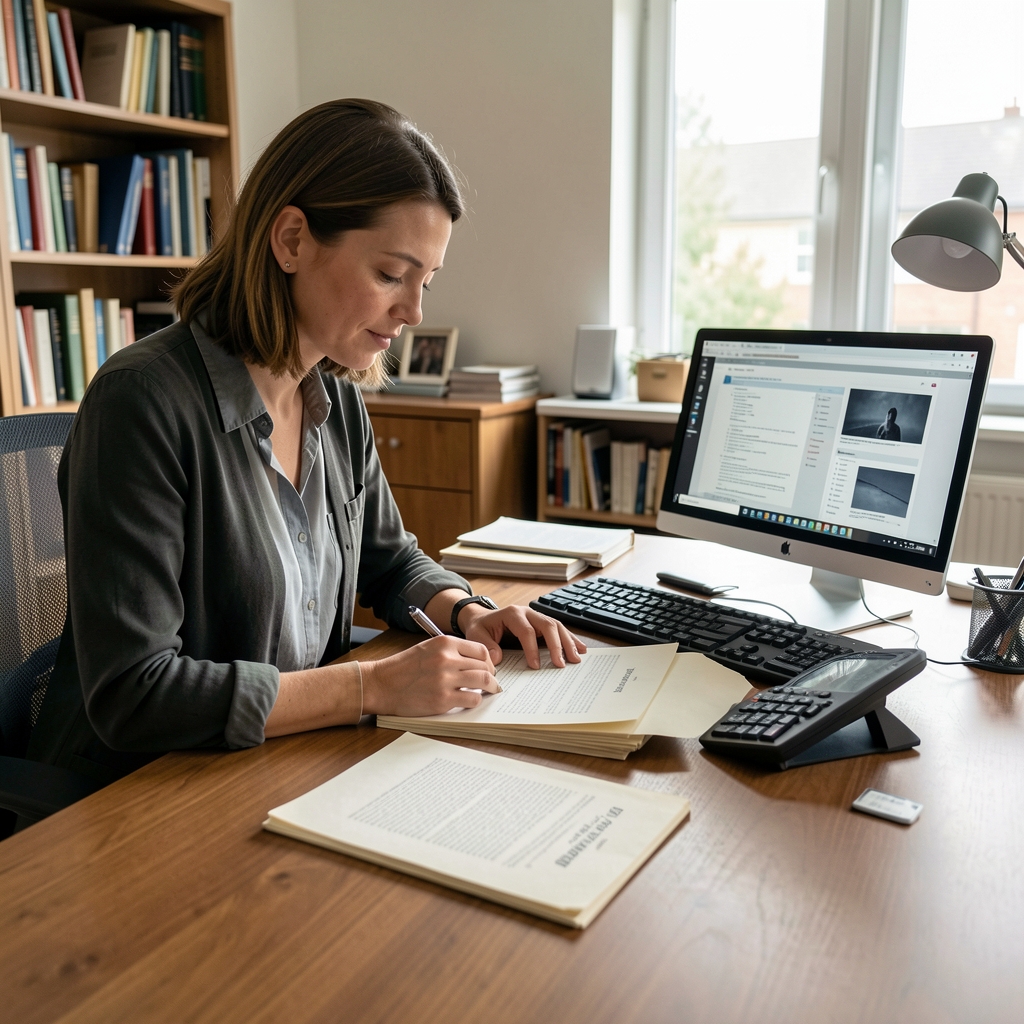 Editorial researcher comparing source documents and a digital archive on a large desk