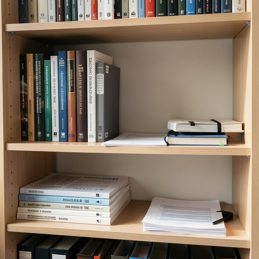Organized resource shelf with technical books, printed network documents and a notebook