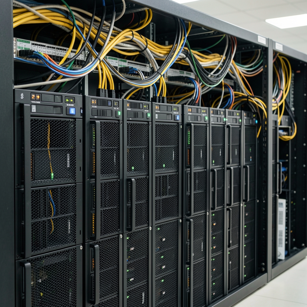 Neatly managed network and power cables behind a row of computing servers