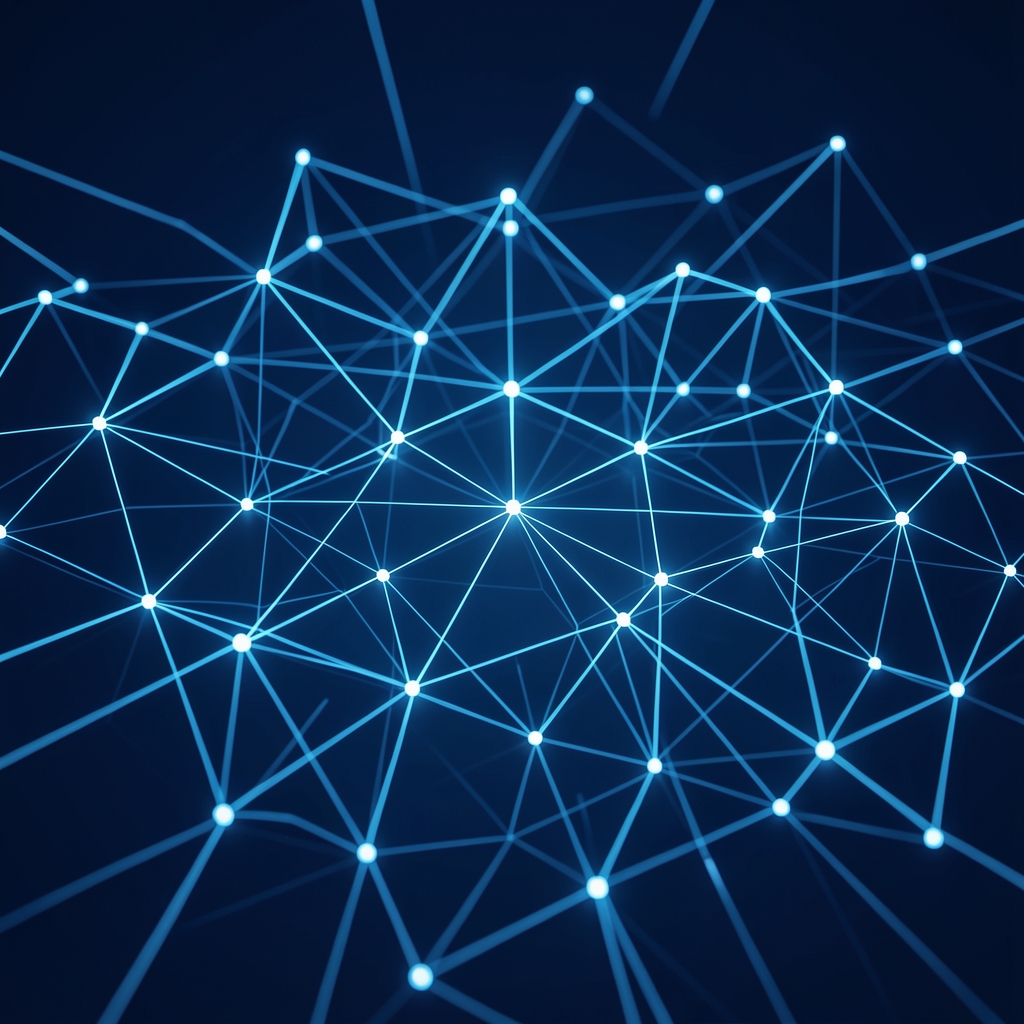 Abstract illuminated network connections representing distributed staking infrastructure on a dark blue background