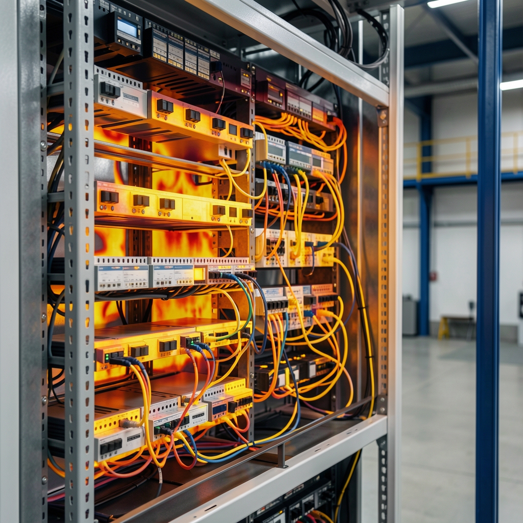 Thermal inspection camera displaying heat patterns across a mining equipment rack