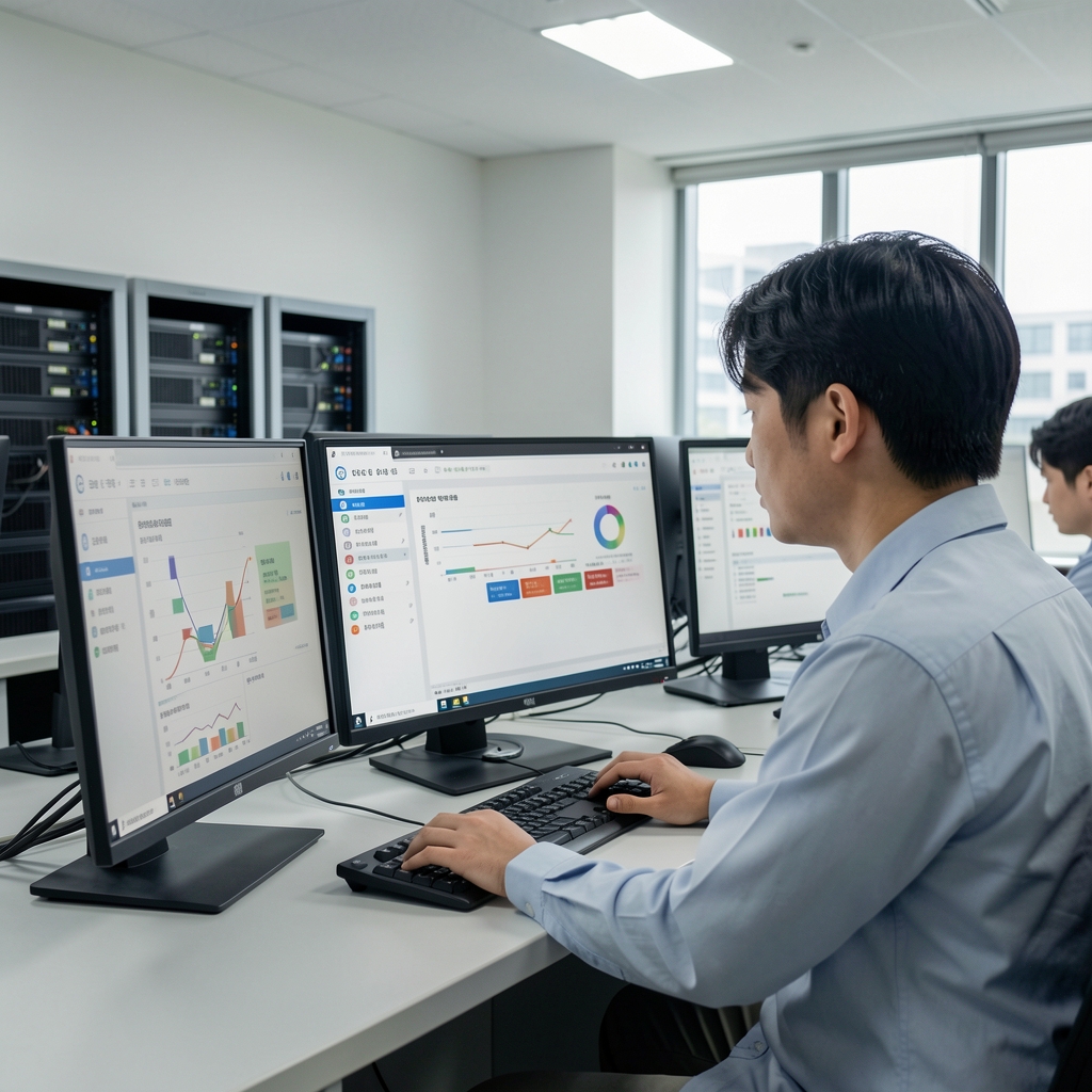 Technician reviewing validator server dashboards in a quiet Korean operations room